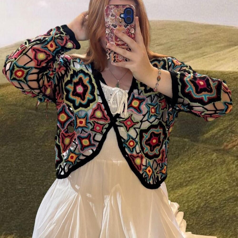Norm Thompson Y2K Festival Crochet Rainbow Rave Summer Cardigan - Picture 3 of 8